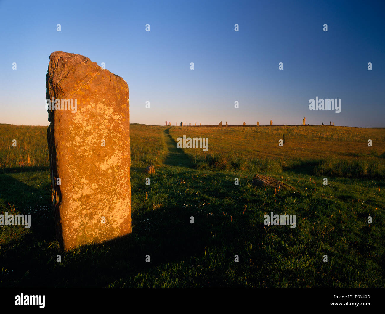 The Comet Stone, with the Ring of Brodgar henge and stone circle in the background, Orkney Mainland, Scotland; evening light Stock Photo