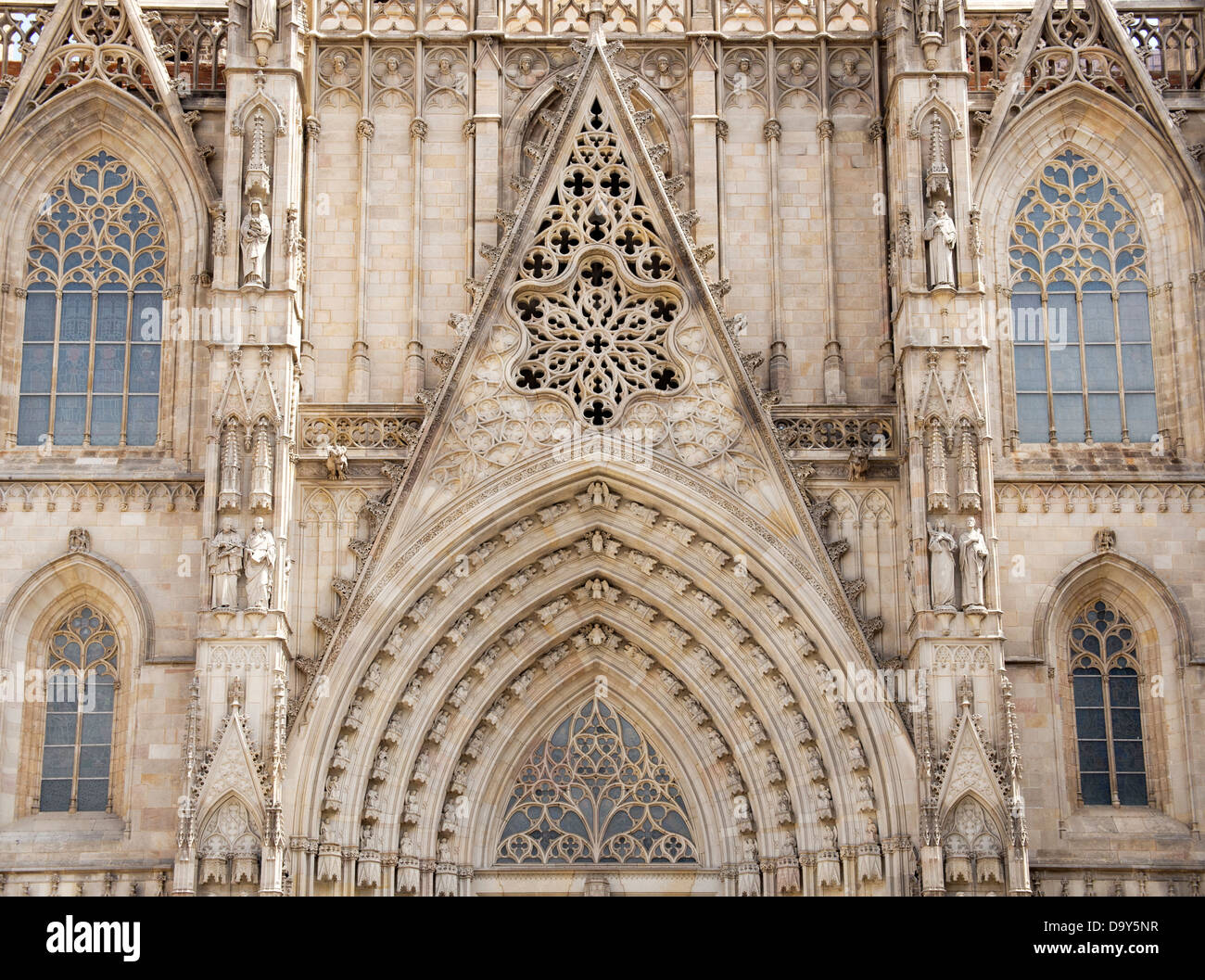 Imposing facade of the Santa Eulalia Cathedral in Barcelona's Gothic Quarter, Spain  1 Stock Photo