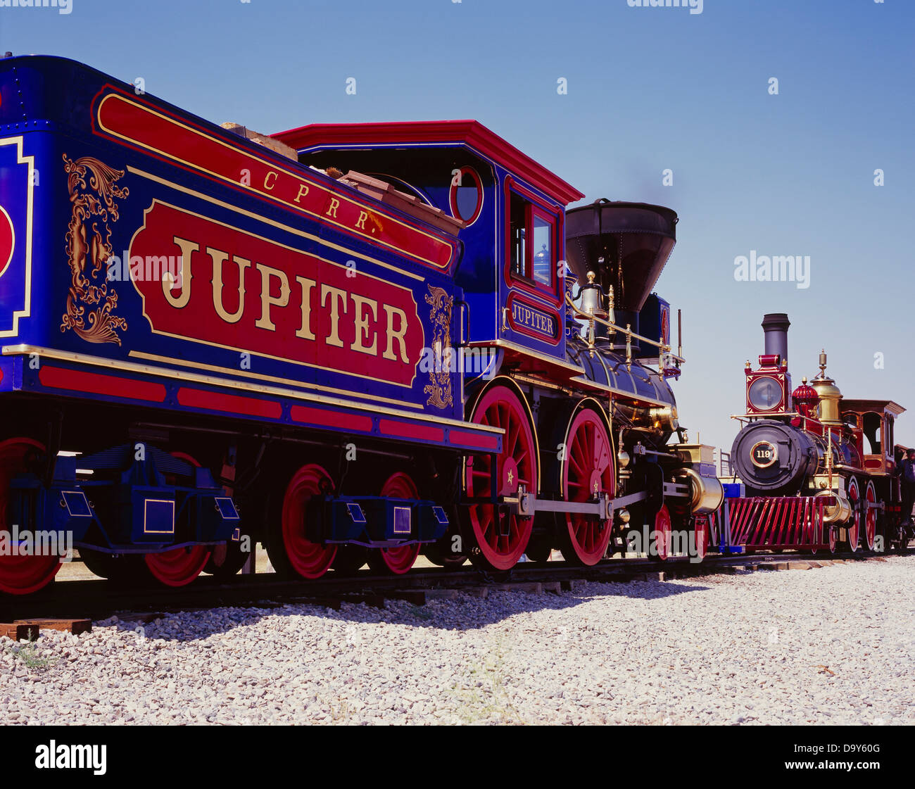The Central Pacific steam locomotive 'Jupiter' Union Pacific steam locomotive # 119 Promontory Summit Golden Spike National Stock Photo