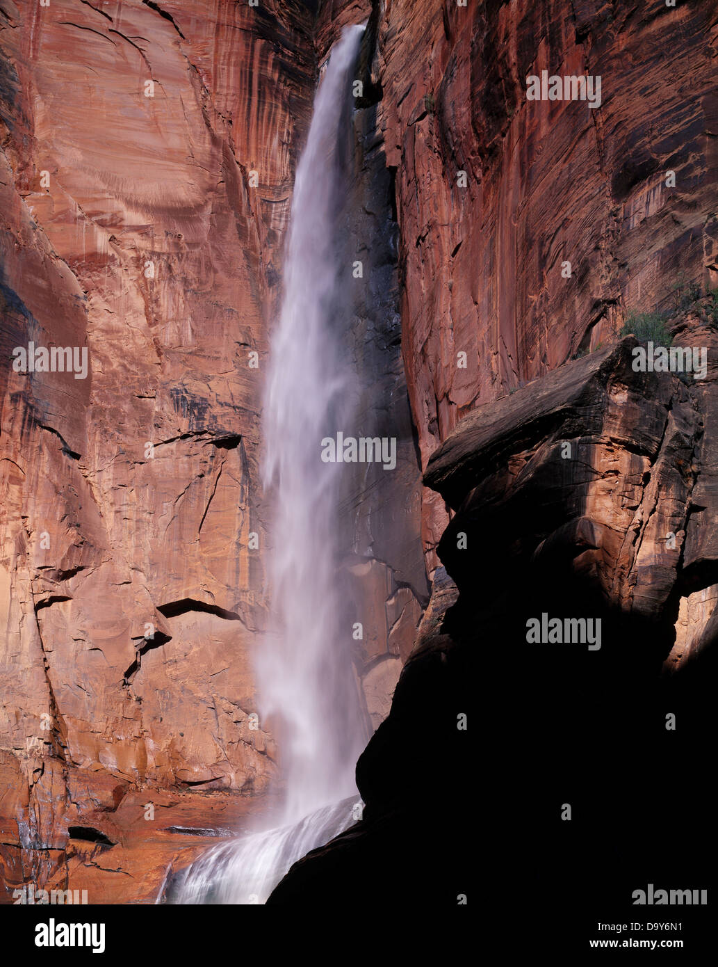 Ephemeral waterfall from spring snow melt at the Temple of Sinawava, Zion National Park, Utah. Stock Photo
