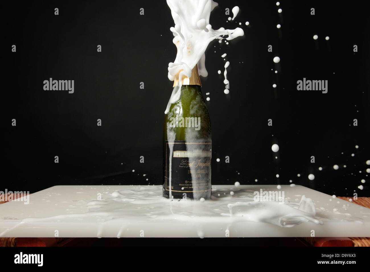 Cava, champagne or wine bottle splash on black background Stock Photo