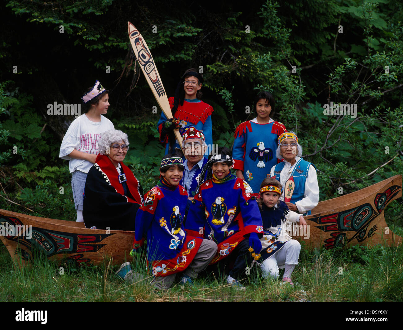 USA Alaska Yakutat Tlingit village Portrait St Elias Dancers in carved