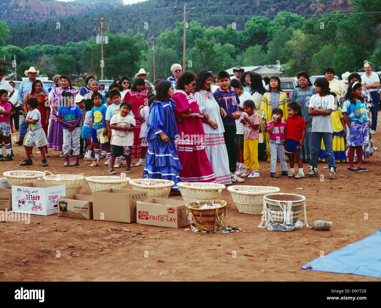 USA, Arizona, Whiteriver, Baskets of food and candy at Goseyun's White