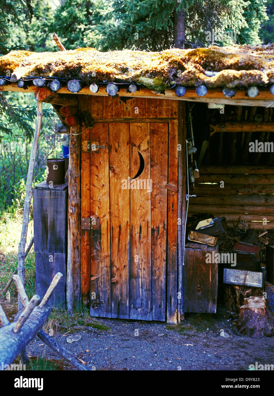 USA, Alaska, Lake Clark National Park, Finely crafted outhouse with hand-ripsawed door and moss roof Stock Photo
