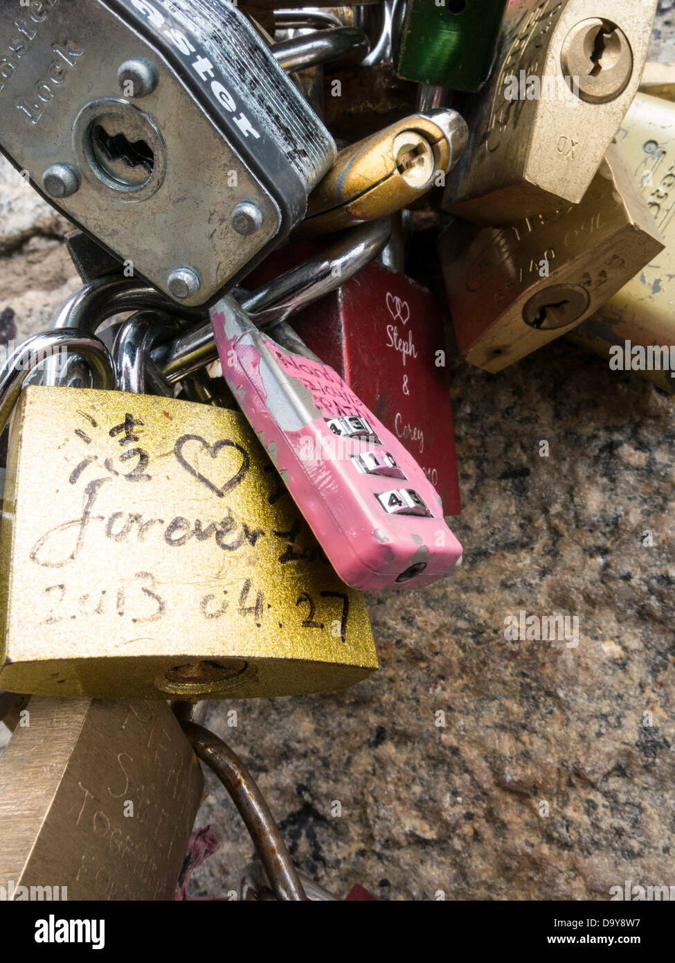 Love Padlocks, Brooklyn Bridge, NYC Stock Photo