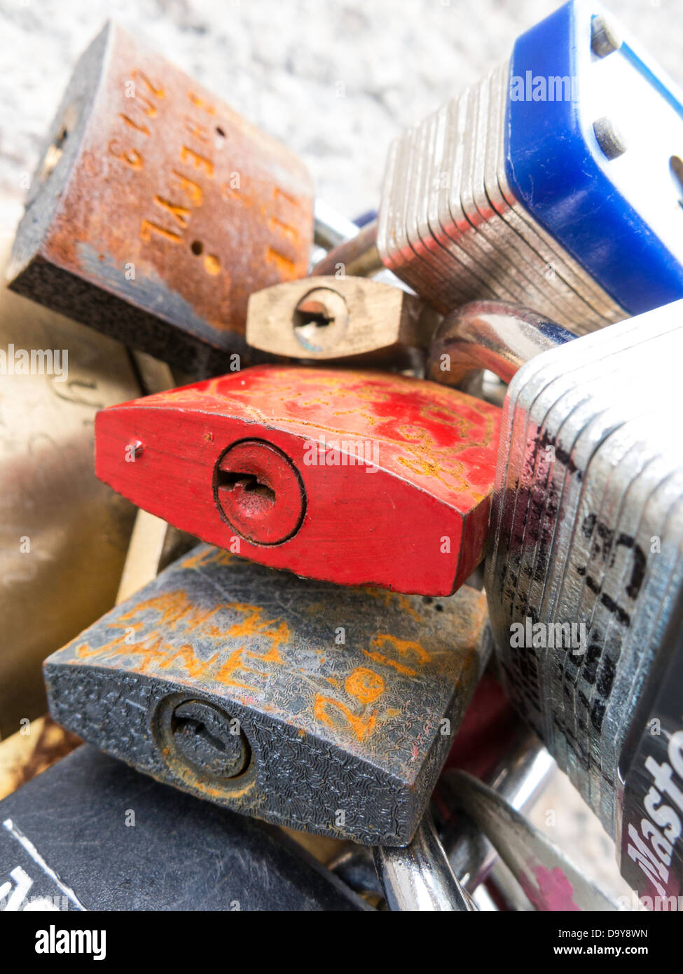 Love Padlocks, Brooklyn Bridge, NYC Stock Photo