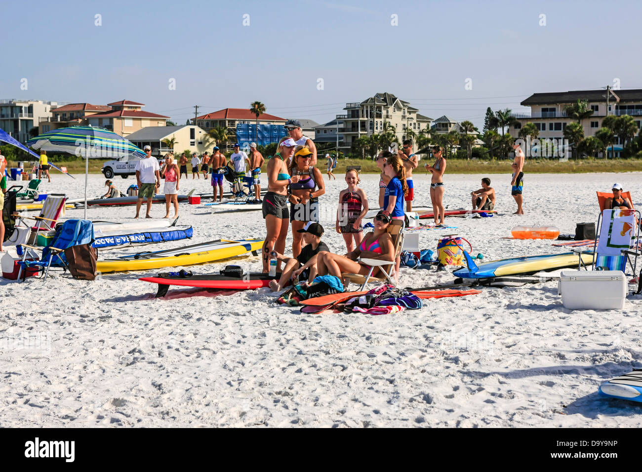 Stand Up Paddleboarders gather on Siesta Key beach for the first annual event this year Stock Photo