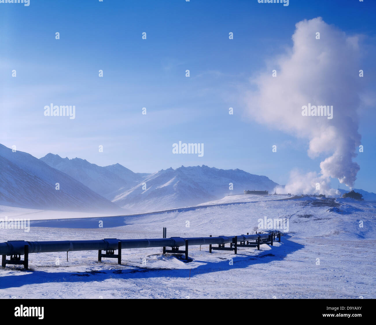 Trans Alaska Pipeline and Alyeska Pump Station 4 on -50¼F morning in late March, north side of the Brooks Range, Alaska. Stock Photo