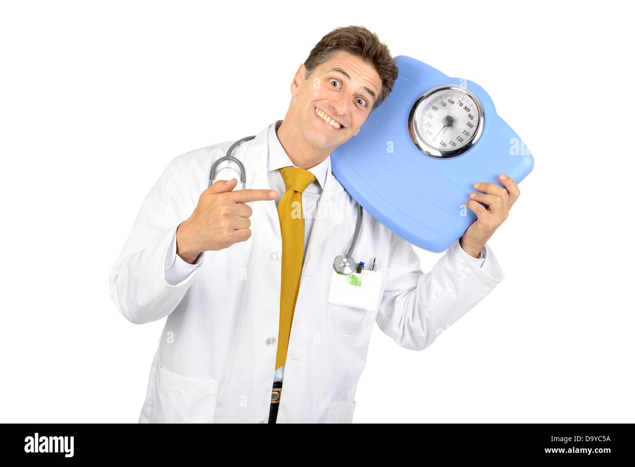 Doctor with weight scale isolated against a white background Stock
