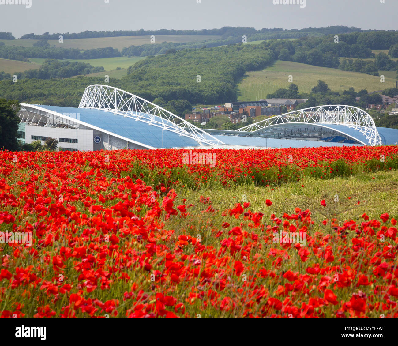 The American Express Community Stadium Brighton - looking across the poppy field on Bevendean Down, Falmer Stock Photo