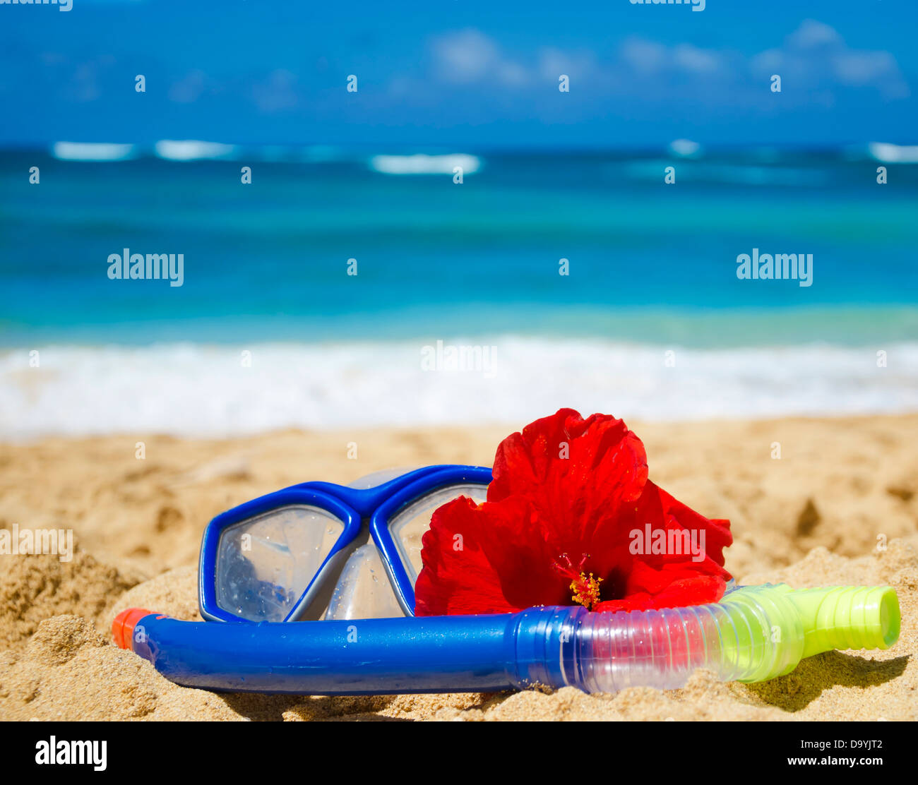 Snorkel and mask with tropical flower on sandy beach in Hawaii, Kauai Stock Photo