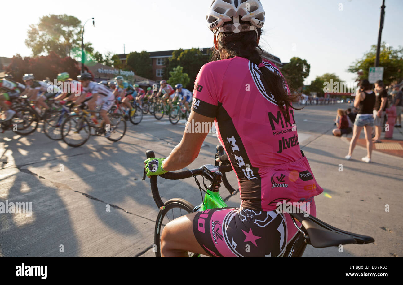 An annual bike race called a criterium is held in Shorewood, Wisconsin on city streets. Stock Photo