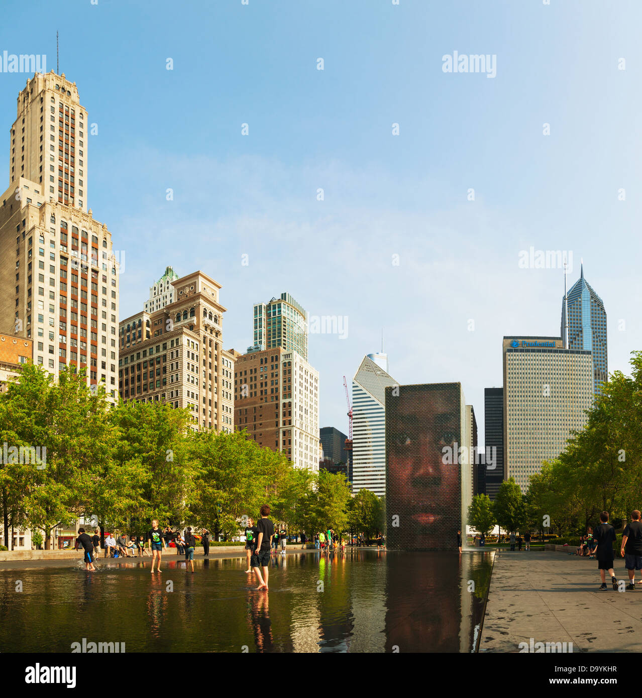 Cityscape of Chicago with Crown Fountain Stock Photo