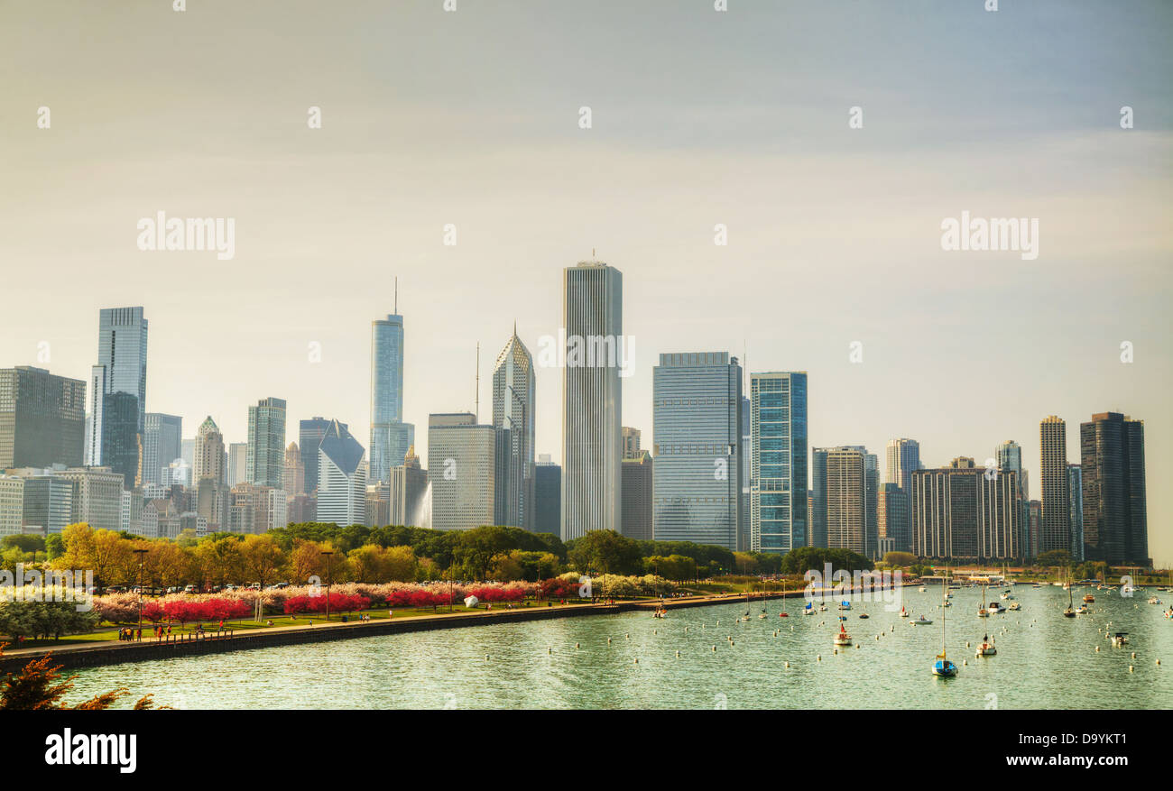 Downtown Chicago, IL on a cloudy day as seen from Lake Michigan Stock Photo