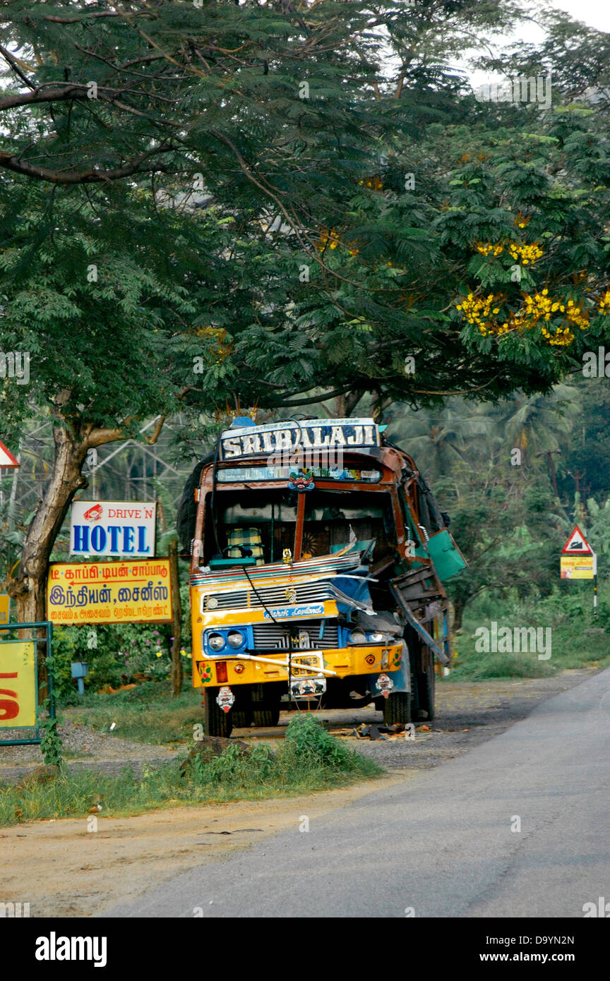 crashed truck after the accident in the roads of kerala,india,asia Stock Photo