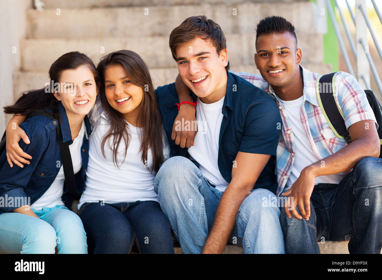 group of cheerful high school students friends Stock Photo