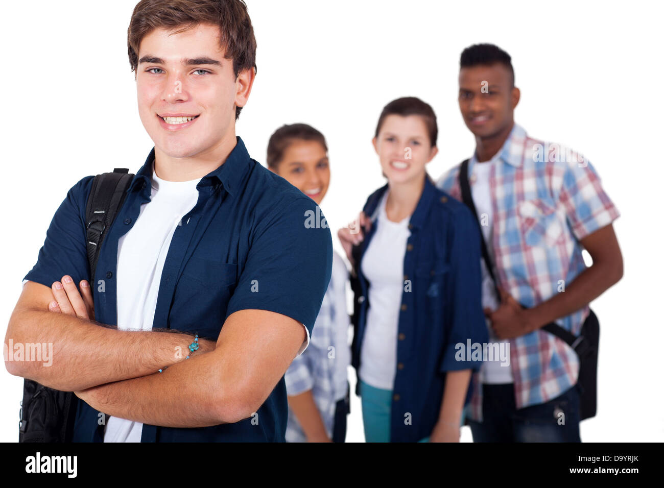 handsome high school student with friends over white background Stock Photo