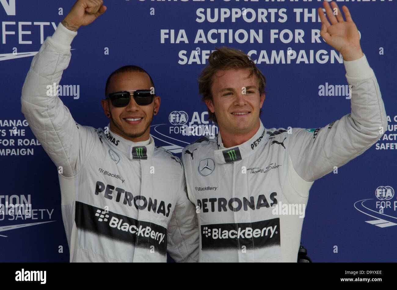 Lewis Hamilton and Nico Rosberg at the British Formula One (F1)  Grand Prix, Silverstone, UK Stock Photo