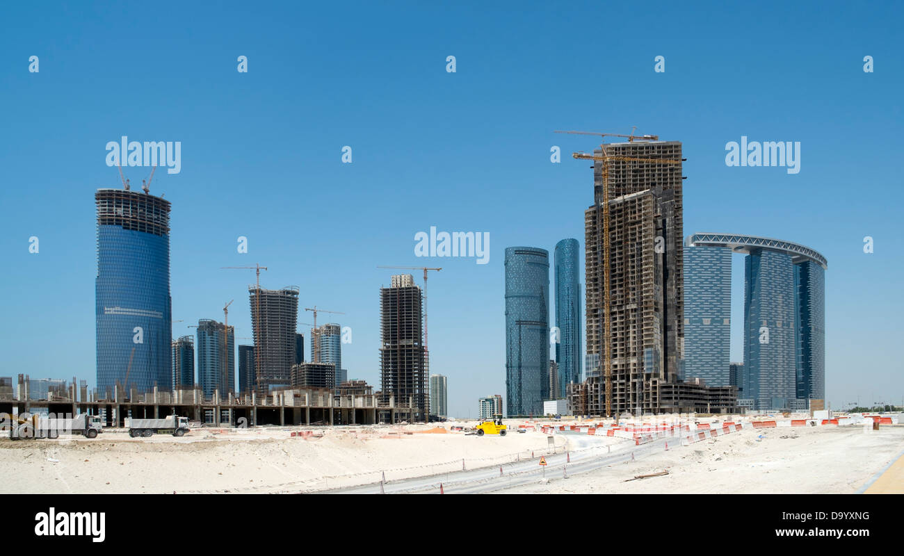 Major construction project with new skyscrapers in future business district at Al Reem Island Abu Dhabi United Arab Emirates Stock Photo