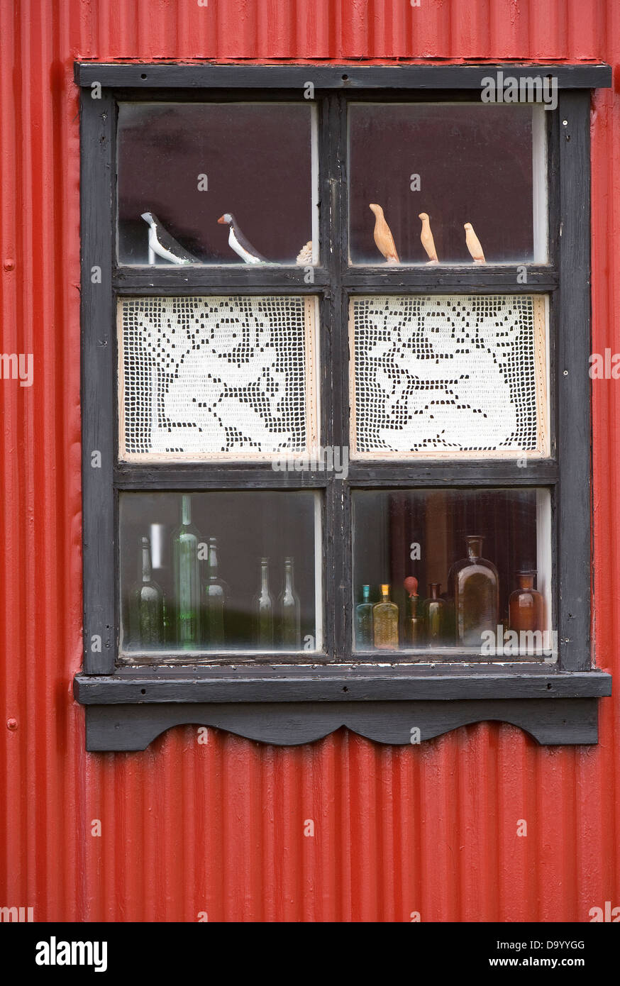 Window with birds Flatey Island Breiðafjörður on the northwestern part of Iceland Europe Stock Photo