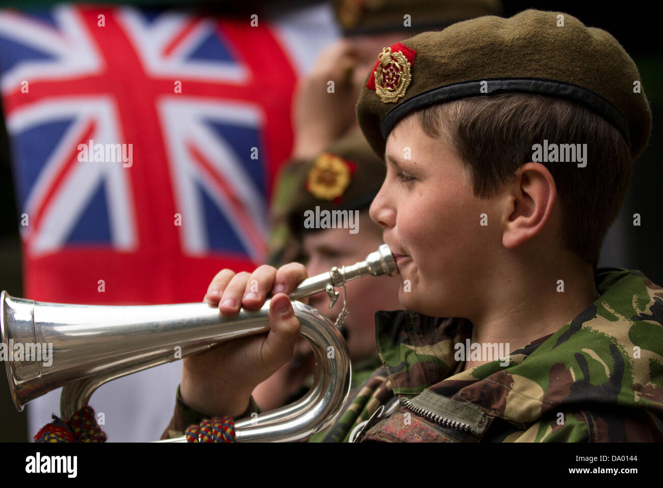 Lancaster, UK 29th June, 2013. Liam Sanders, 13 from Preston, Bugler in the Army Cadet Force, King's Own Royal Border Regiment at the Armed Forces day on parade at Lancaster Castle, Lancashire, UK. Credit:  Conrad Elias/Alamy Live News Stock Photo