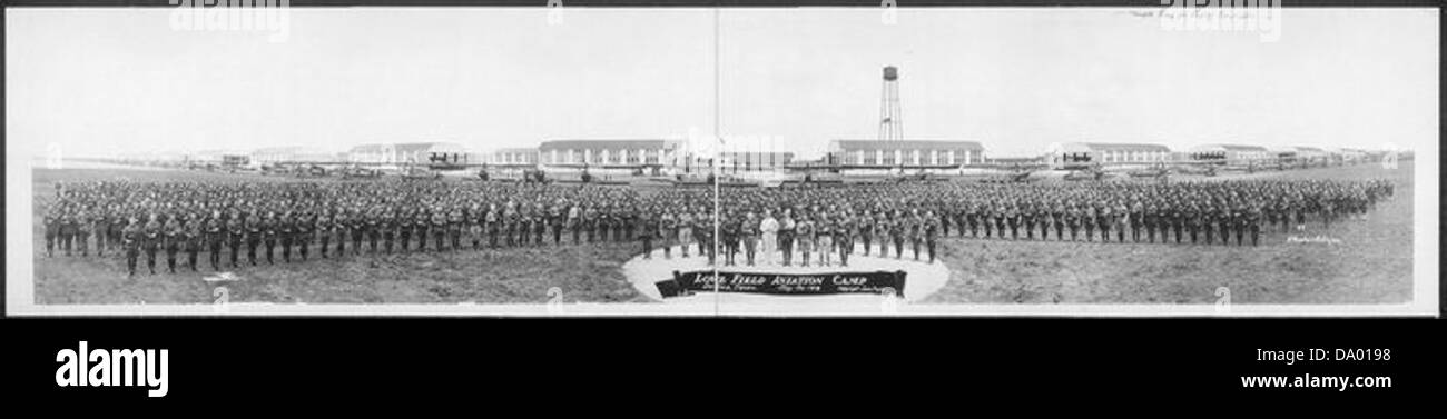 A historical image from May 1918 showing Love Field Aviation Camp in Texas, a key training location during World War I. The camp was central to aviation operations in the U.S. during the early years of military flight. Stock Photo