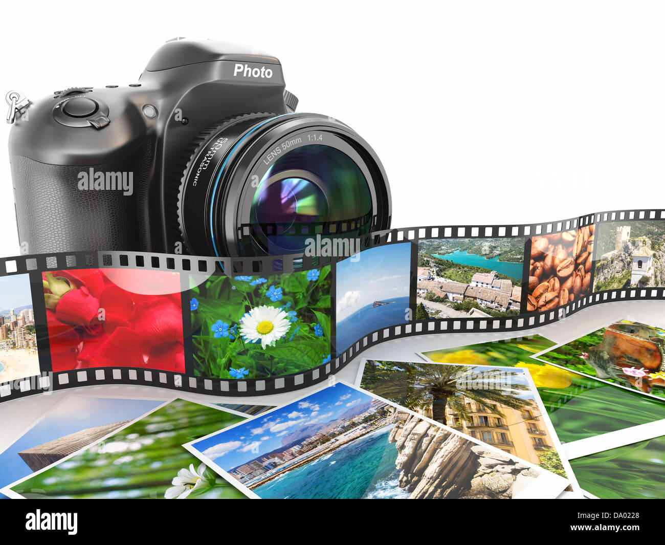 Photography. Slr camera, film and photos. 3d Stock Photo