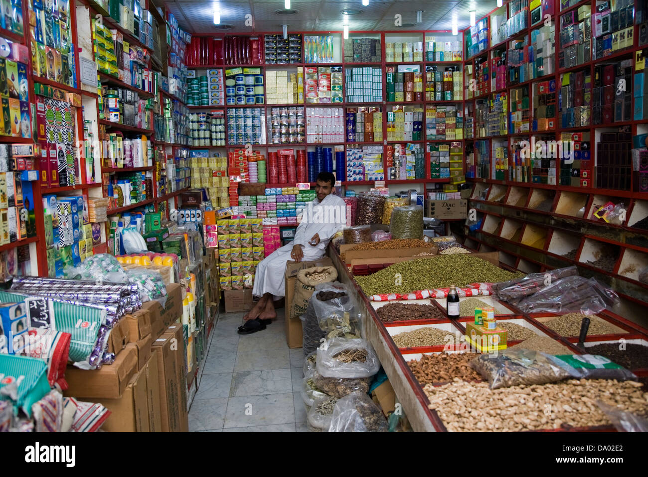 A variety of goods on display at a store at Souq al-Alawi in Old Jeddah (Al-Balad), Jeddah, Saudi Arabia. Stock Photo