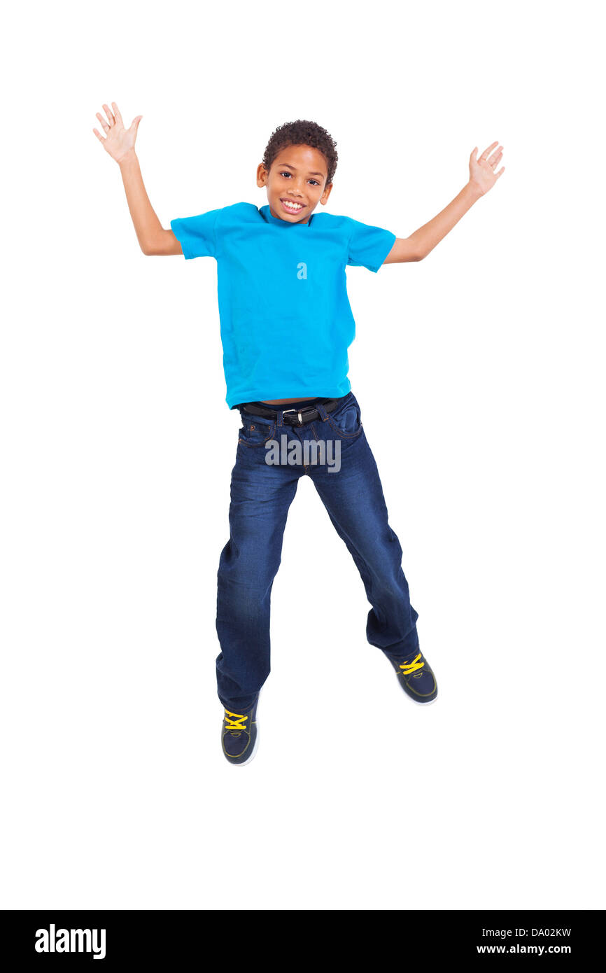 lovely young african american boy jumping on white background Stock Photo