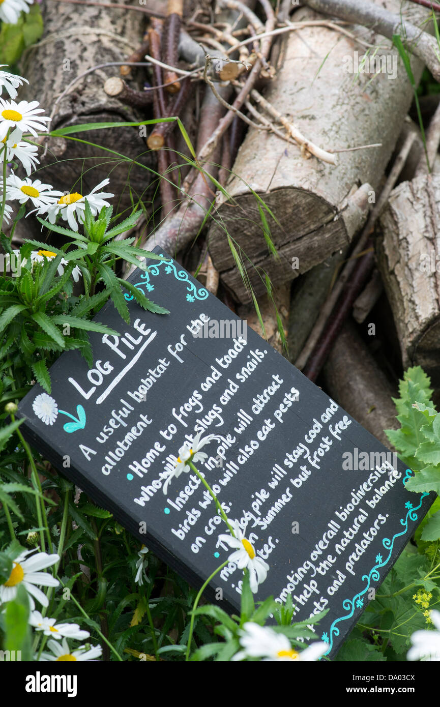Log Pile, public information sign at Ryton Organic gardens, Warwickshire, England Stock Photo