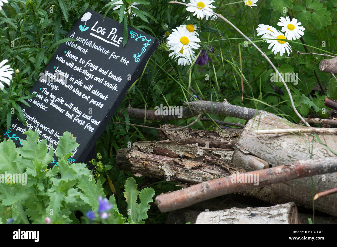 Log Pile, public information sign at Ryton Organic gardens, Warwickshire, England Stock Photo