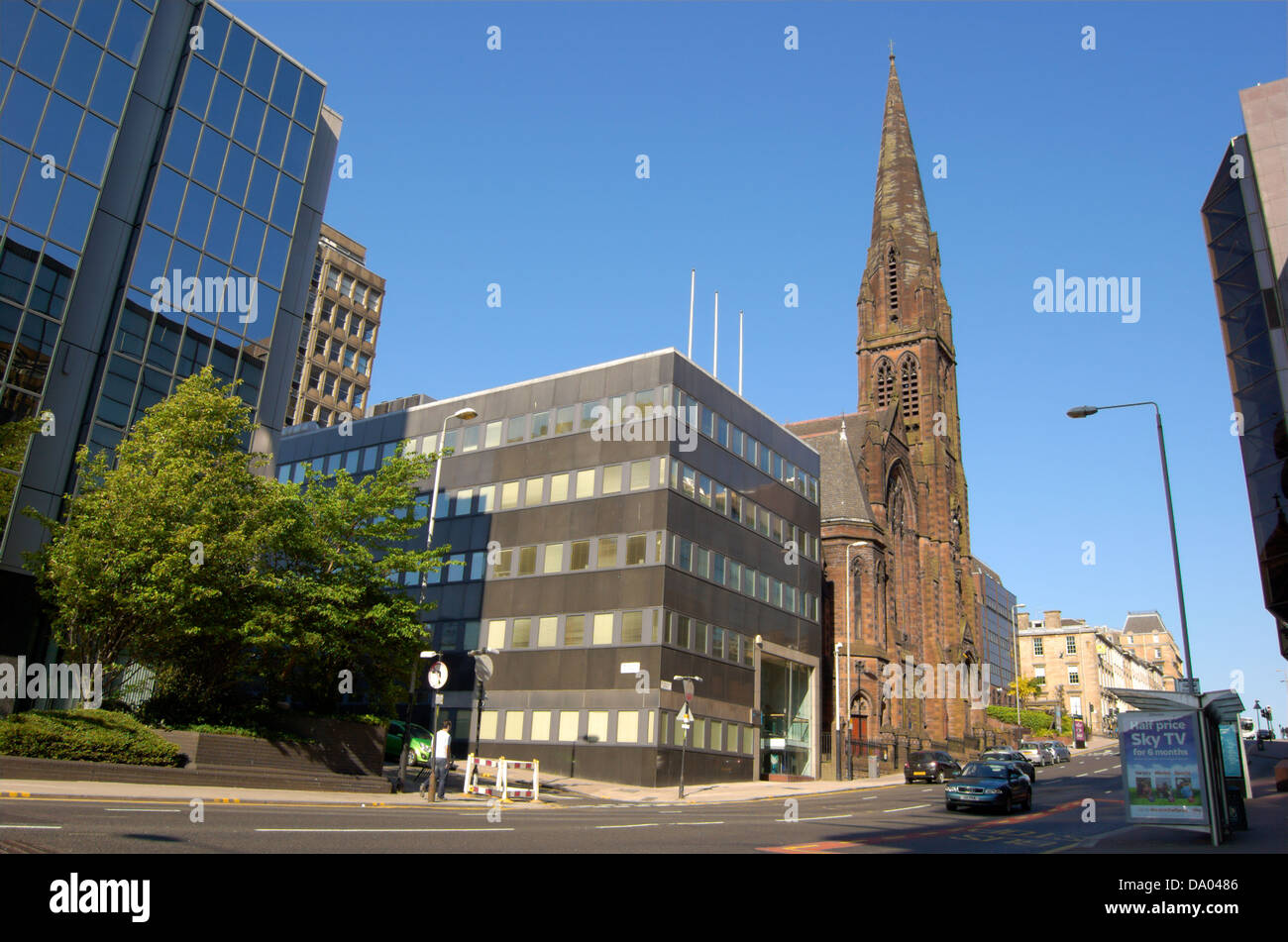 Office building and the St Columba Gaelic Church on Saint Vincent Street in Glasgow, Scotland