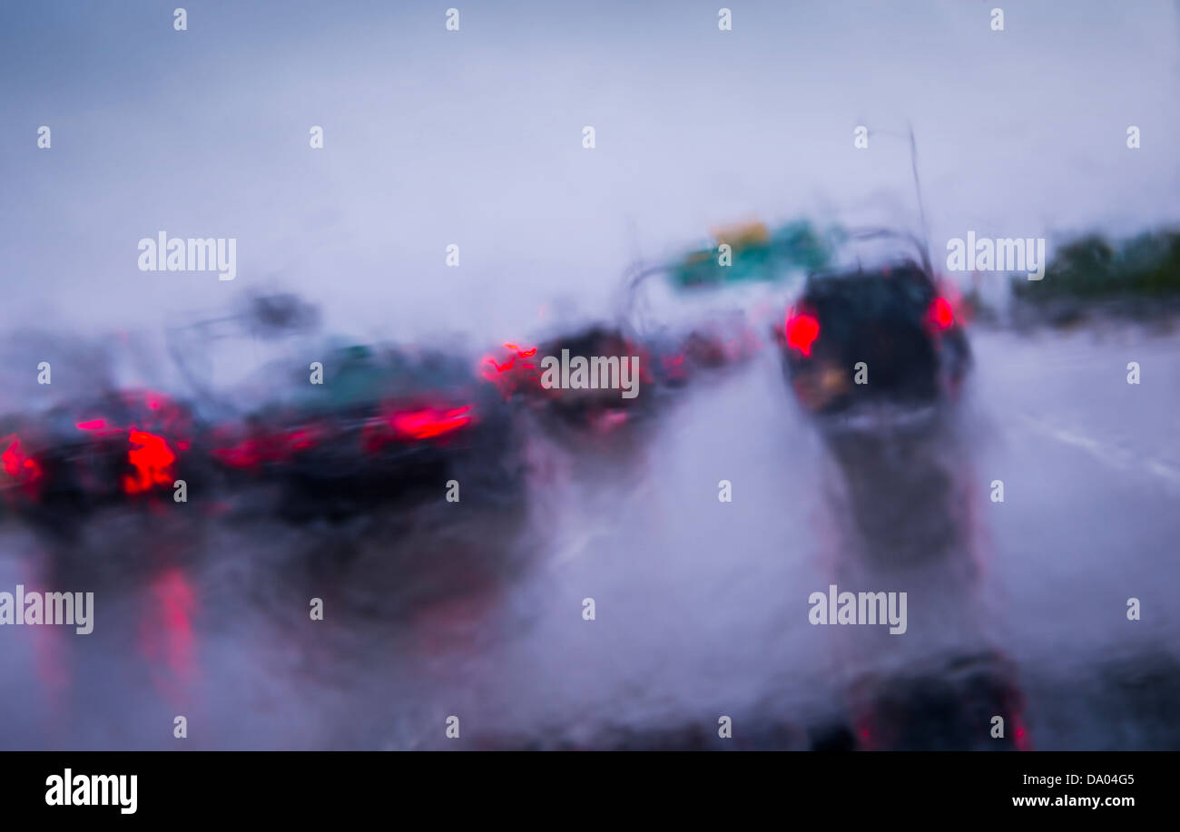 Rain On Windshield Cars Driving On Highway In Rain Storm Stock Photo