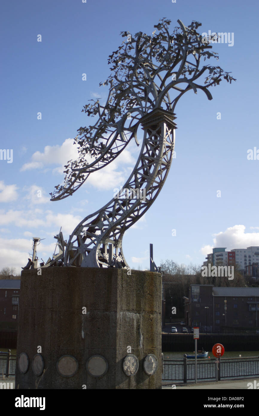 A metal tree structure, in the shape of a ship building crane, on the north bank of the river Wear in sunderland. Made from iron Stock Photo