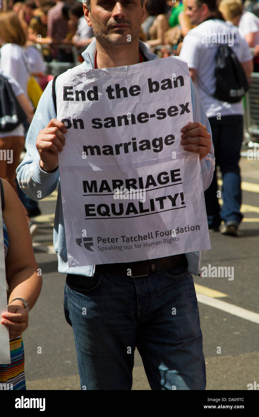 London, UK. 29th June, 2013. Participant in the Gay Pride Parade in Central London on 29 June 2013 demanding marriage equality and an end to the ban on same-sex marriage Credit:  Bruce Martin/Alamy Live News Stock Photo