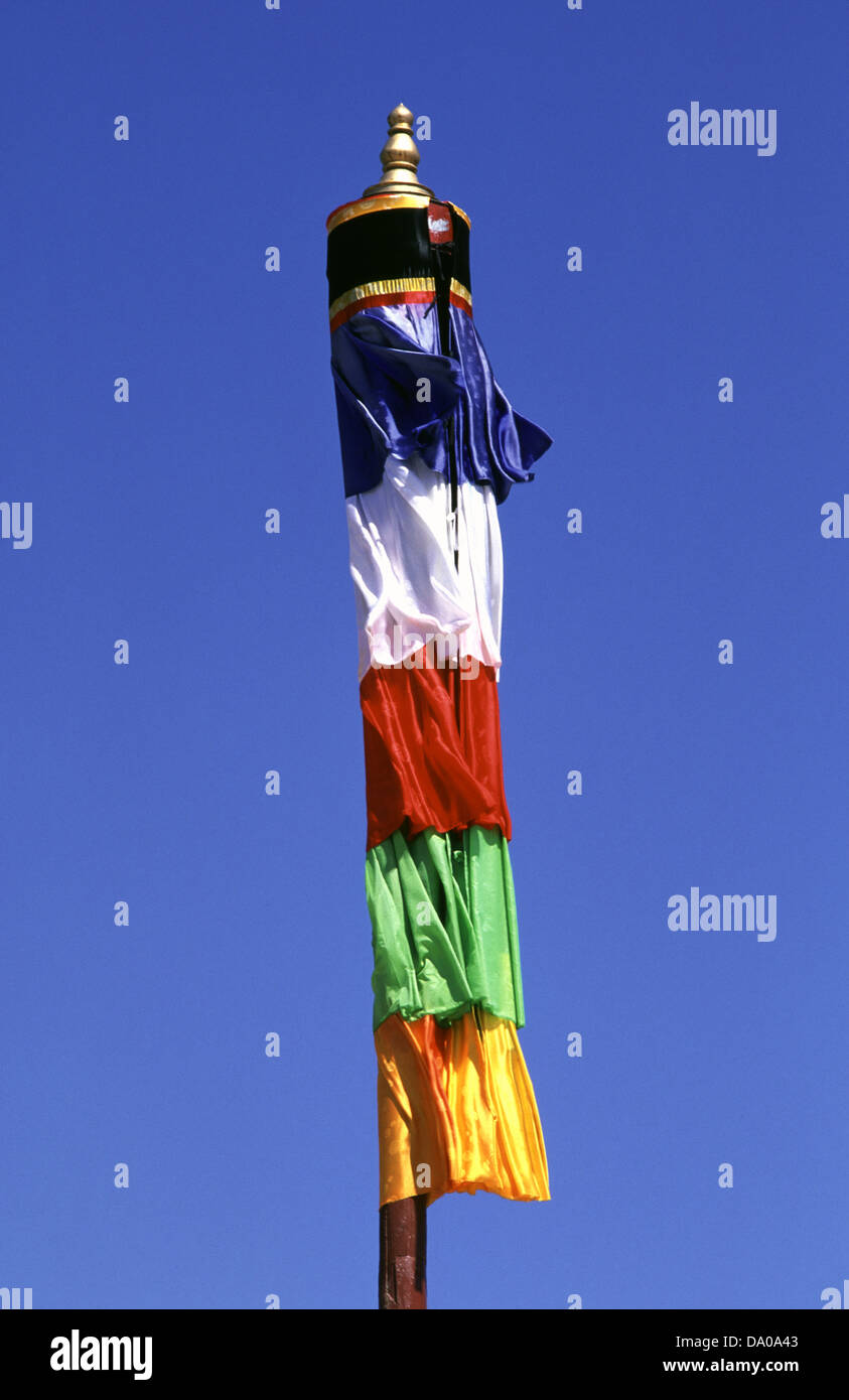Tibetan prayer flag in Yan fu Si or Yanfu si Mongolian Buddhist temple near Bayan Hot a small Mongolian town just on the north west side of the Helan Mountains in Ningxia province China Stock Photo