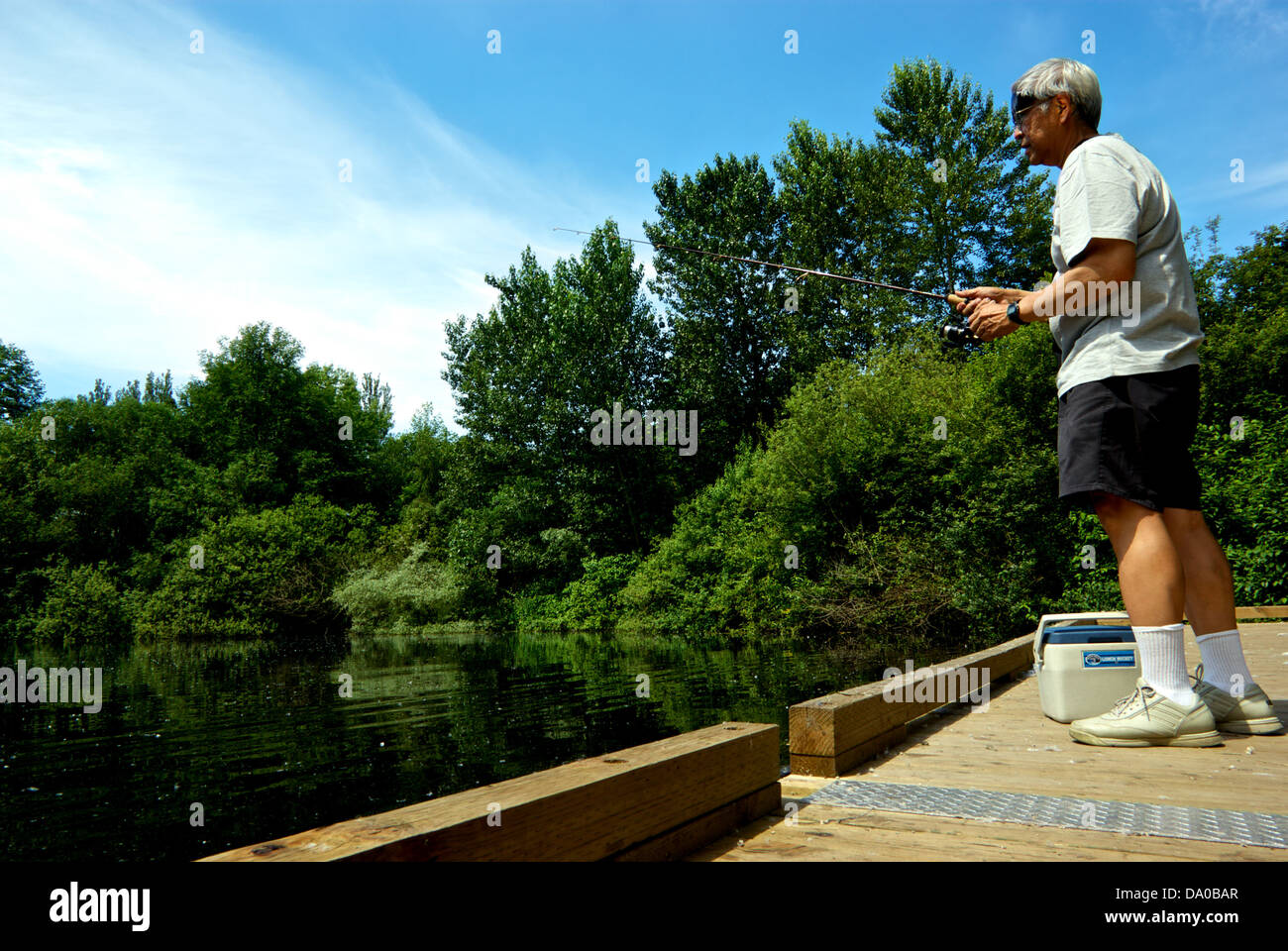 Asian man BC Freshwater Fisheries Society Fishing in City dock Learn to Fish program Sanctuary Pond Vancouver Stock Photo