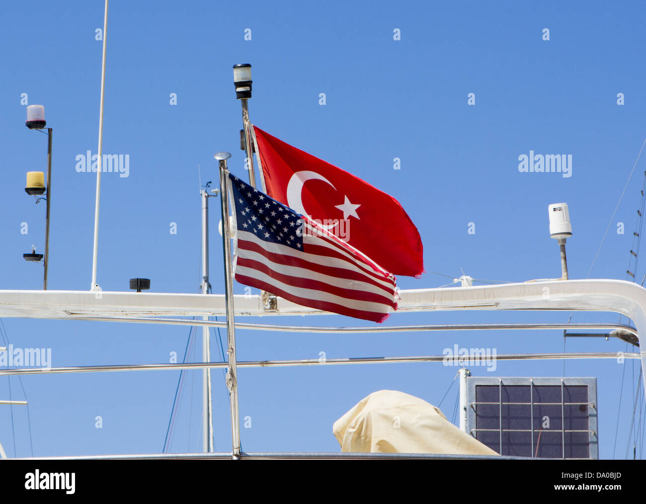 Turkish and American flags flying together on a boat Stock Photo