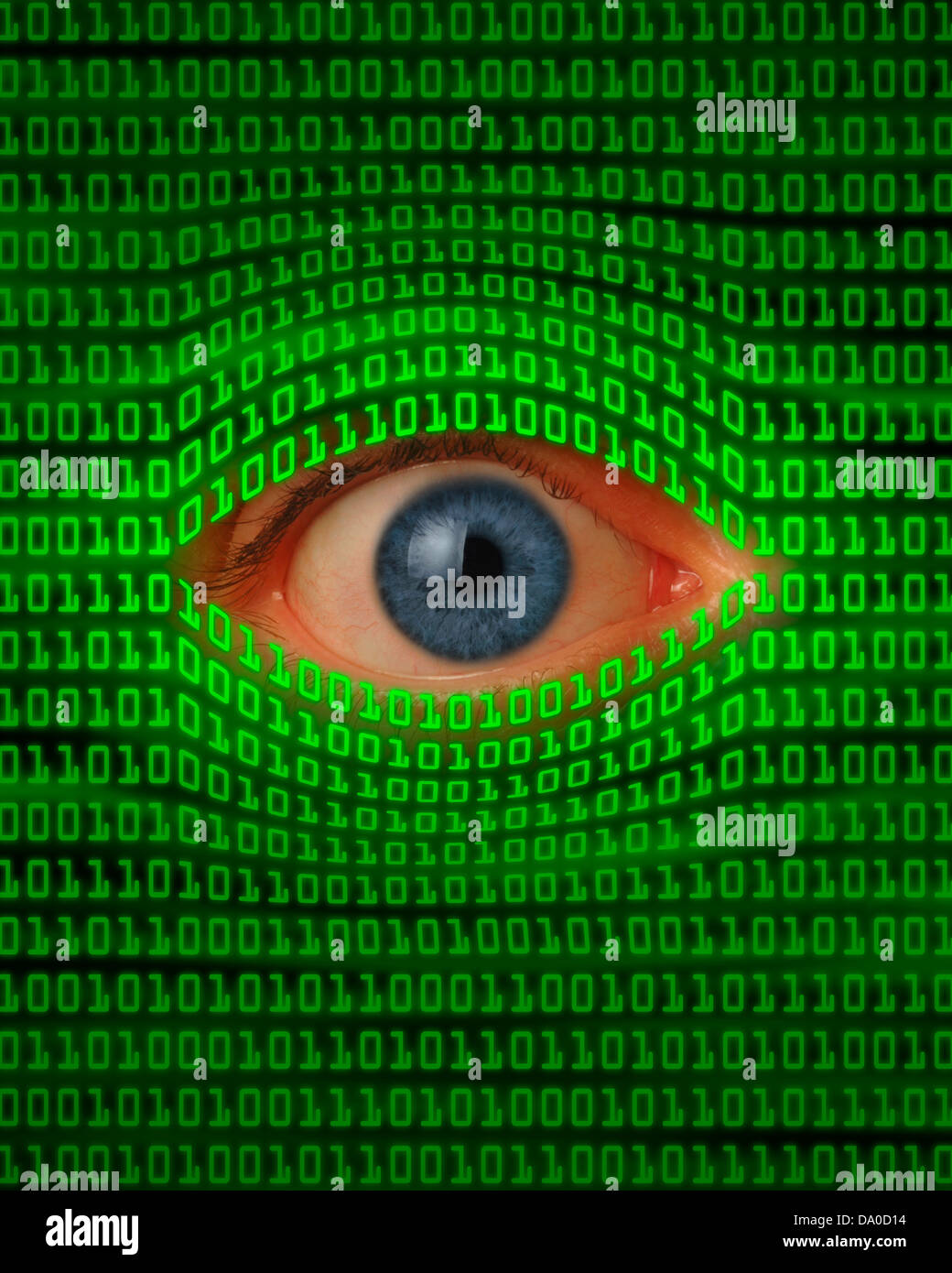 Eye peeking through green binary code Stock Photo