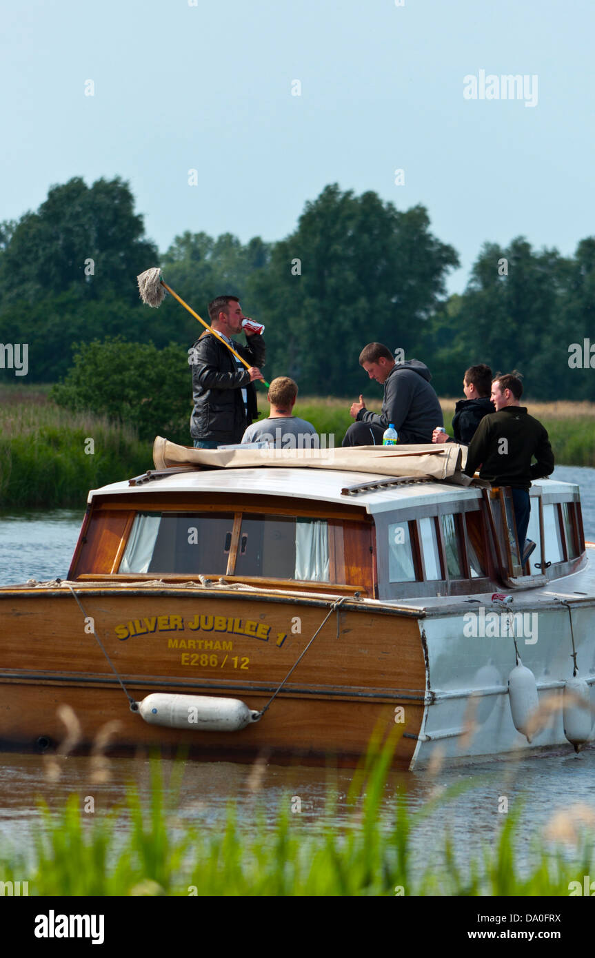 Male stag party on boat Norfolk Broads holiday Stock Photo