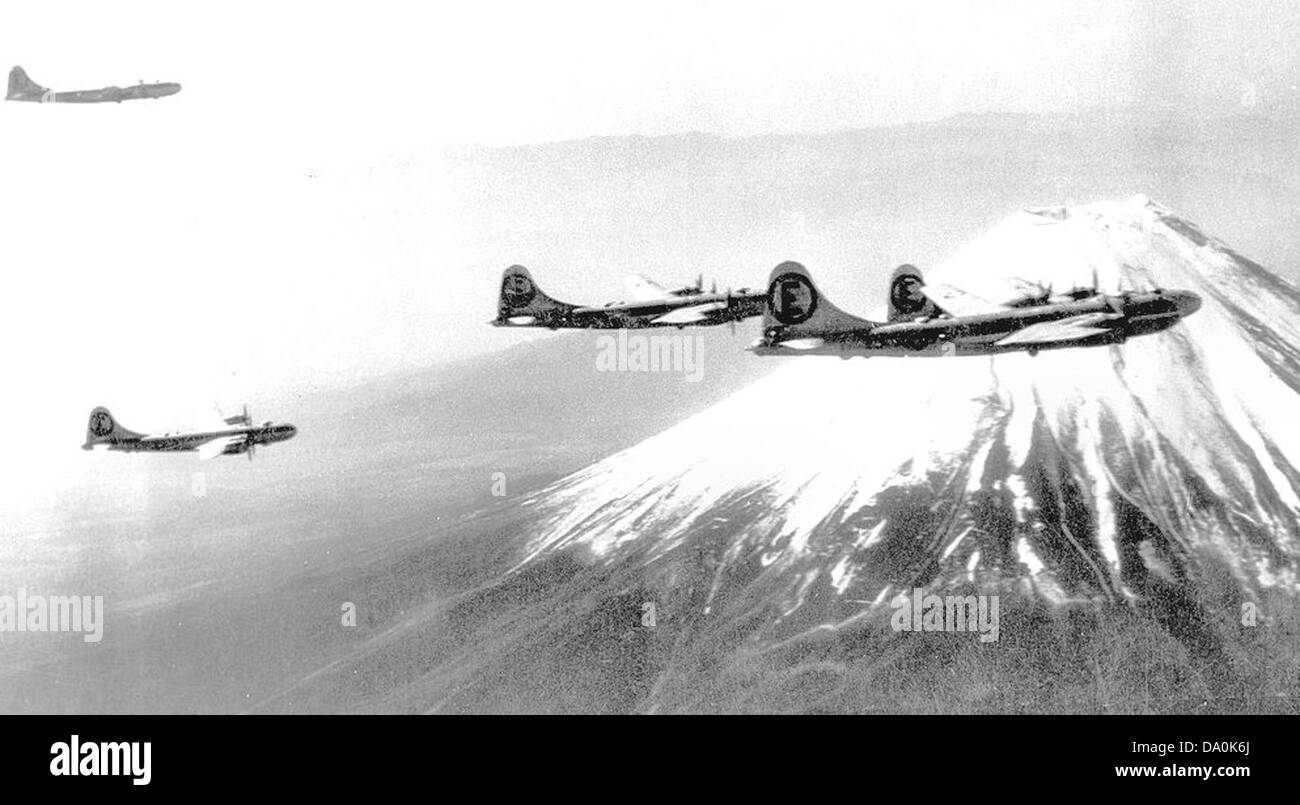 504th Bombardment Group over Mount Fuji 1945 Stock Photo