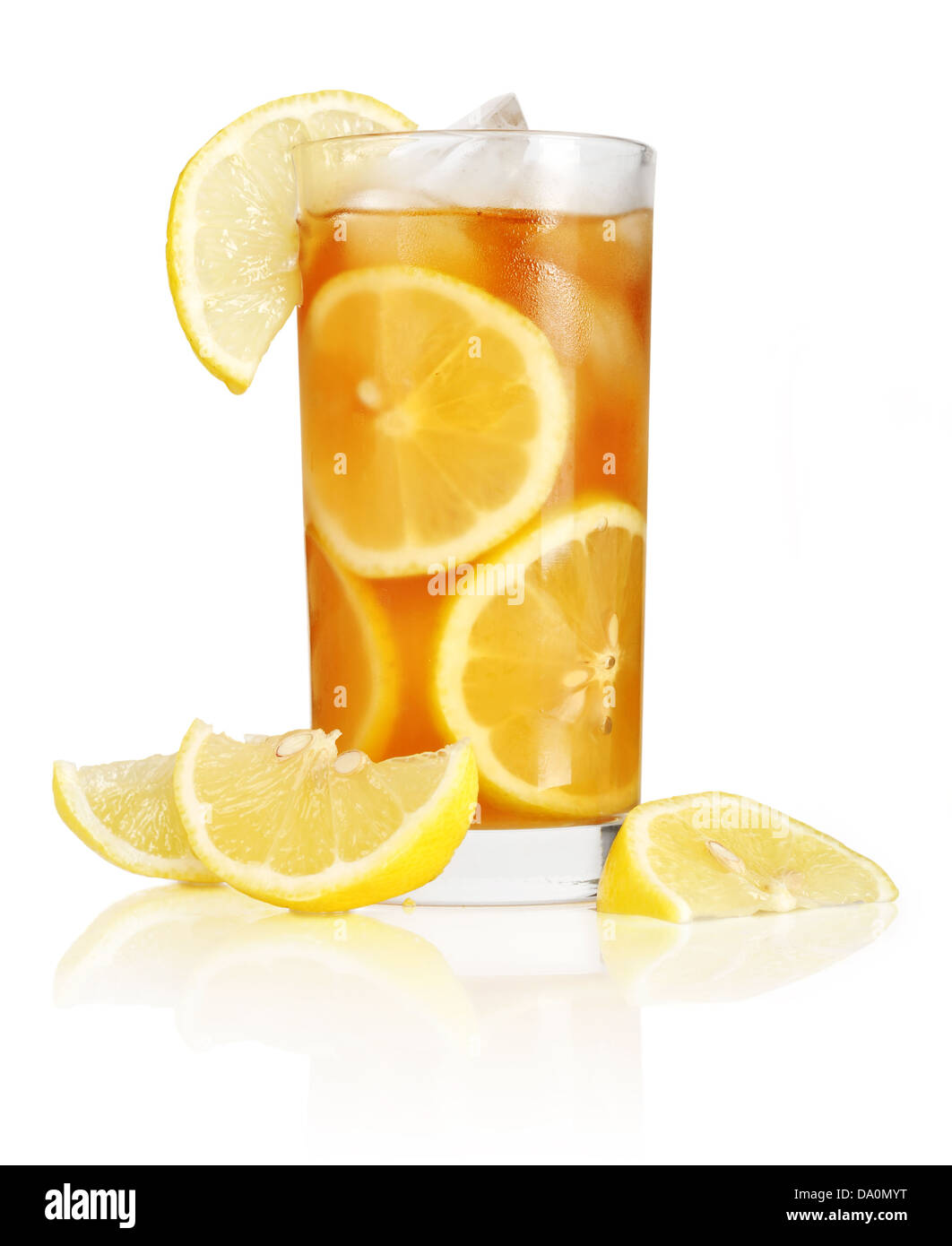 glass of ice tea with lemon on white background Stock Photo