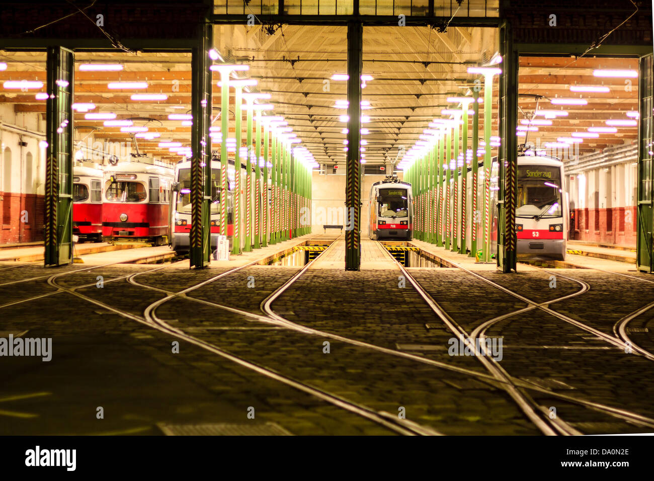 Tram shed by night in Vienna, Austria Stock Photo