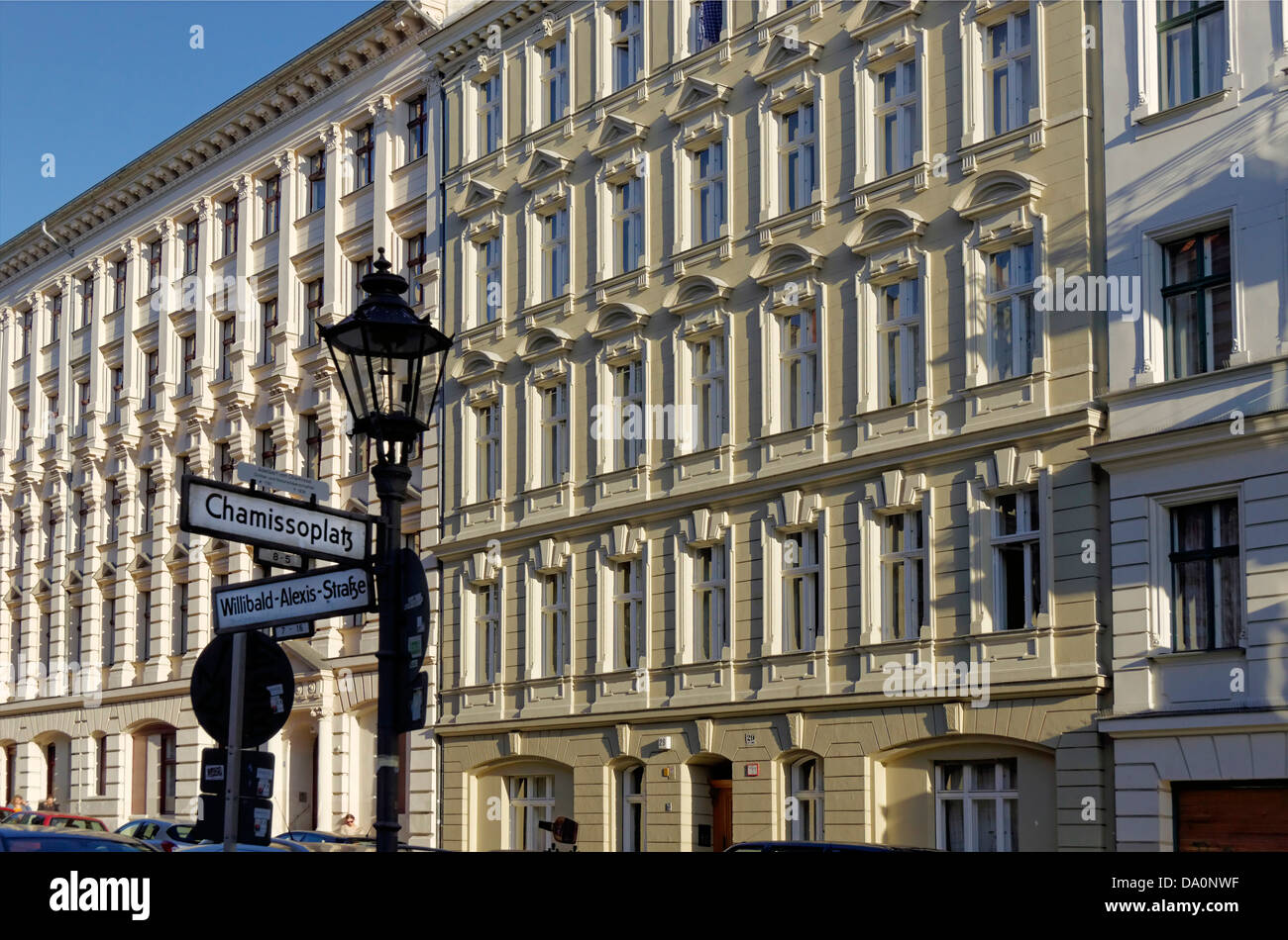 Laterne in front of Wilhelminian style building at Chamissoplatz, Kreuzberg, Berlin Germany,  Stock Photo