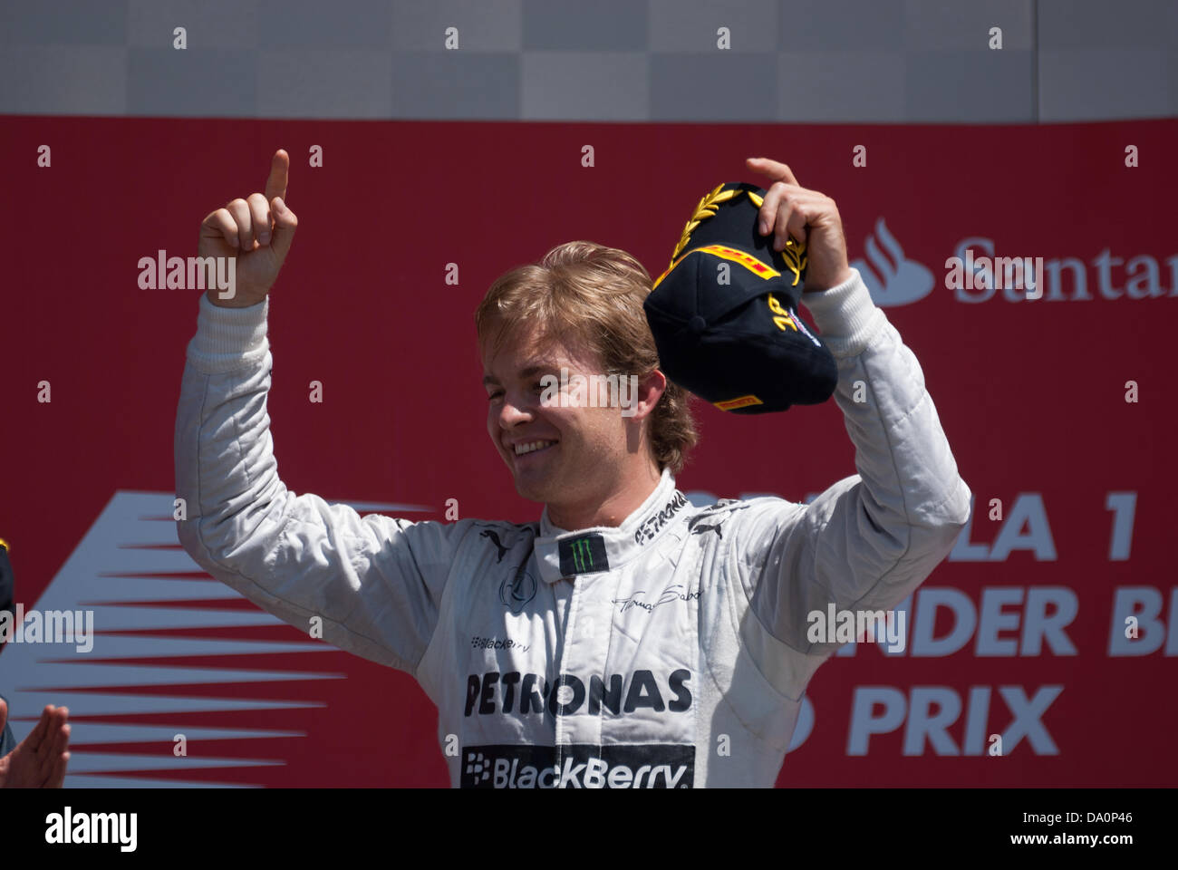 Nico Rosberg celebrates winning the British Formula One (F1) Grand Prix, Silvertone, UK Stock Photo