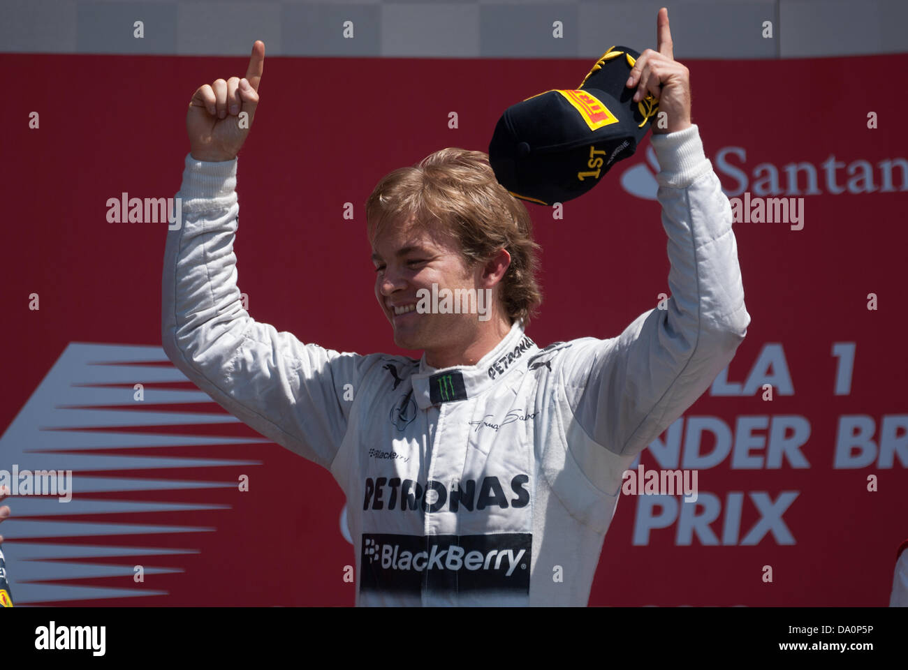 Nico Rosberg celebrates winning the British Formula One (F1) Grand Prix, Silvertone, UK Stock Photo