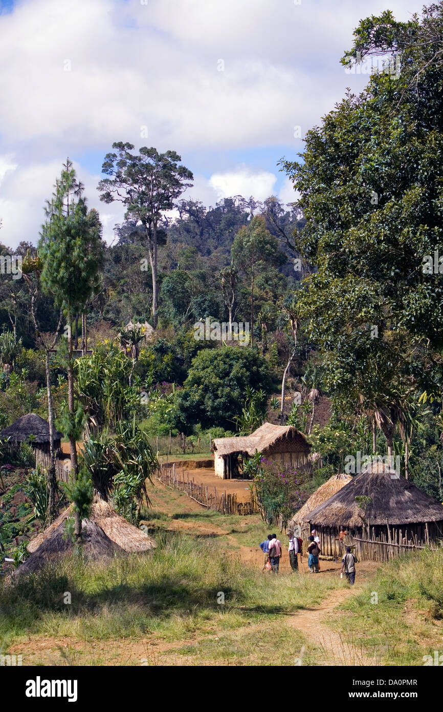 Dwellings photographed along the highway leading from Goroka to Mt. Hagen, Papua New Guinea. Stock Photo
