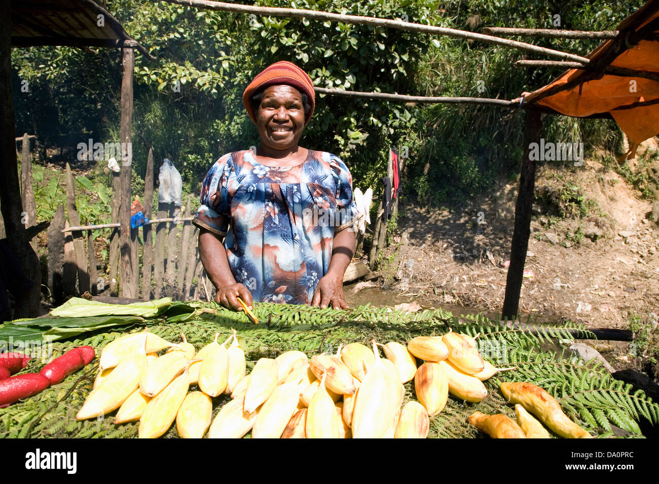 Roadside market, near Daulo Pass,  between Goroka and Mt. Hagen in the Eastern Highlands of Papua New Guinea. Stock Photo