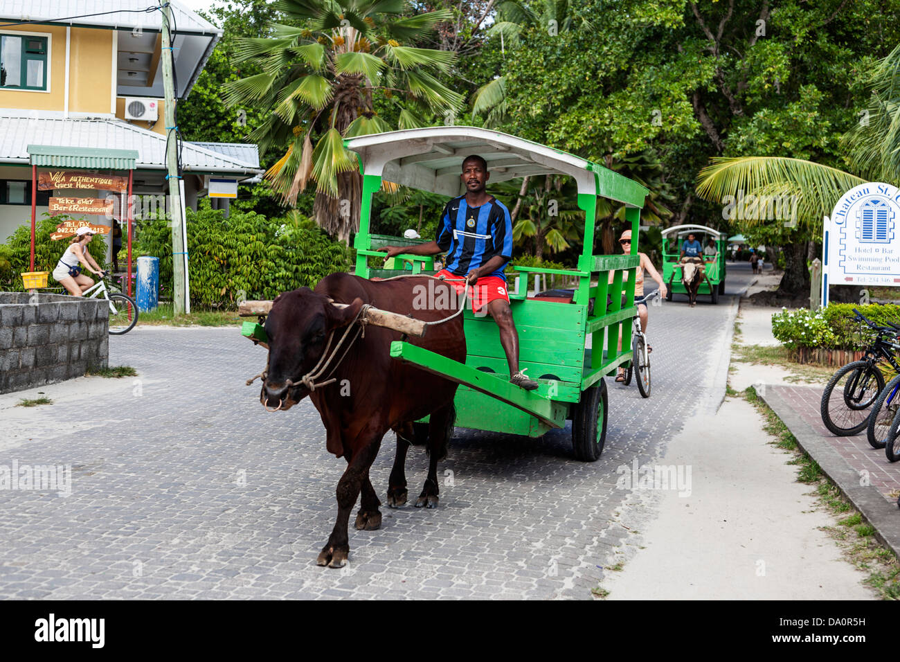 Oxcart taxi on the main street of La Passe ,La Digue, Seychelles, Indian Ocean, Africa Stock Photo