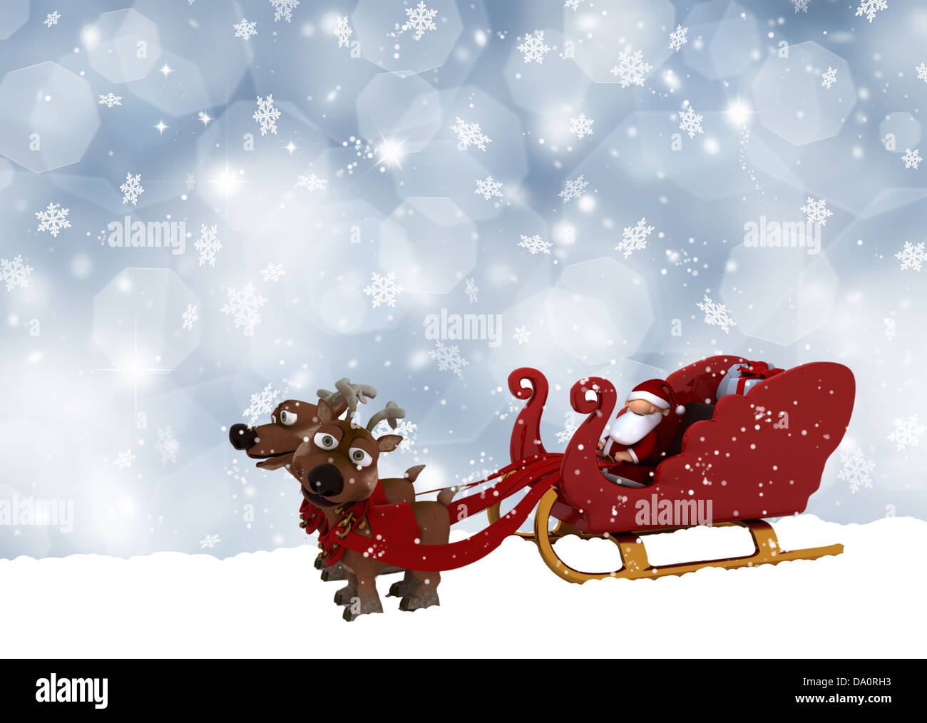 Cute Santa Claus and his reindeers on a snowflake background Stock Photo